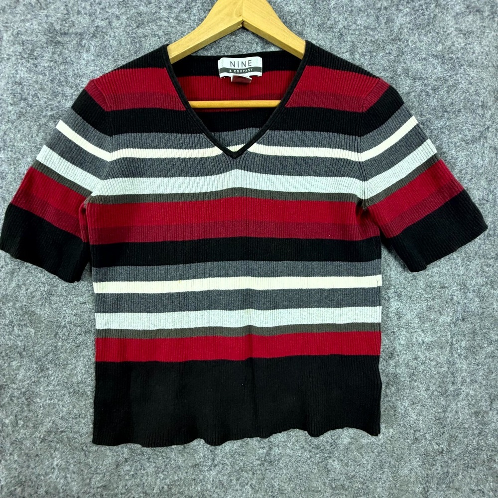 Nine & Company Top Womens Large Red Black Striped Cotton Ribbed Knit Pullover